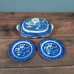 Blue Transfer Ware Made In England Plates And Covered Serving Bowl