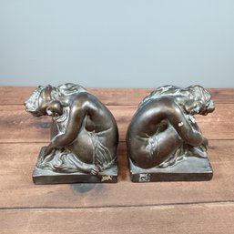 Large Ceramic Woman Sitting Hunched Bookends Heavy Quality Bookends