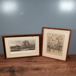 Pair Of Vintage Signed Prints /  Engravings Landscape & Wilderness Scene