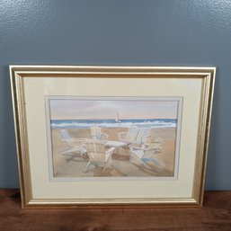 Framed Original Signed Watercolor Painting Of Beach And Chairs
