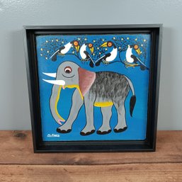 Original Signed Painting On Board Of An Elephant - Folk Art