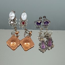 Set Of 4 Earrings - Signed, Sterling Silver, Stones