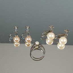 Sterling Pearl Ring And Screw Earrings(Not Sterling)