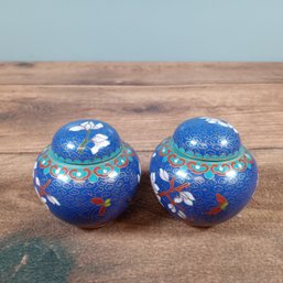 Two Colbalt Copper Cloisonne Tea Ginger Jar W Teal Enamel Chinese Plum Blossom