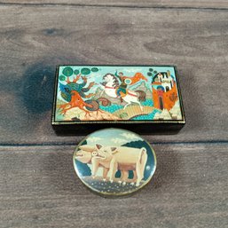 Set Of Two Russian Wooden Hand Lacquer Painted  Trinket Boxes