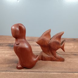 Pair Of Rosewood  Hand Carved Animals Duck And Fish