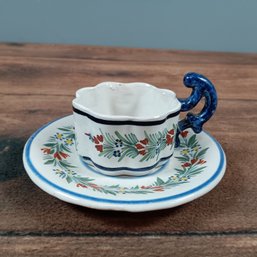 Quimper Faience Pottery Antique HB SET Scalloped Cup & Saucer