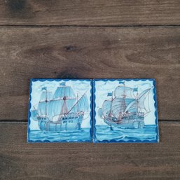 Two Hand-painted Portuguese Ceramic Tiles, Of Wooden Sailing Ships 6'x6'