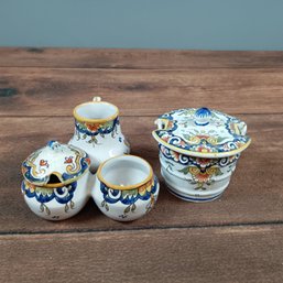 French Ceramic Condiment Set, Salt, Pepper And Mustard Pot. Rouen Style