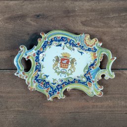 French Rouen Faience Delft Polychrome Majolica Tray With An Armorial Crest.