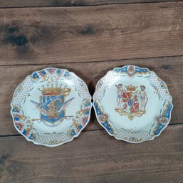 Pair Of Faence Rouen Style Armorial Plate Displaying Two Crests
