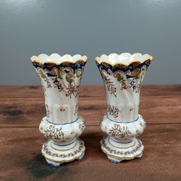 Pair Antique Rouen Vases Hand-Painted 8'