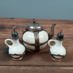 Silver Plate And Ceramic Teapot & Salt And Pepper Shaker
