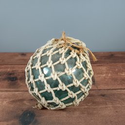 Japanese Green Glass Fishing Float Buoy Hand Blown W/ Netting