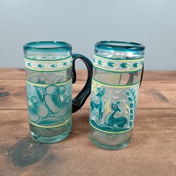 Hand Painted Large Glass Mugs With Floral And Deer's