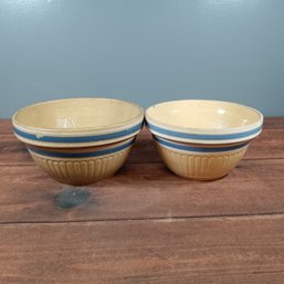 Two MCCOY YELLOW WARE MIXING BOWL BANDED BLUE WHITE 11' &10'