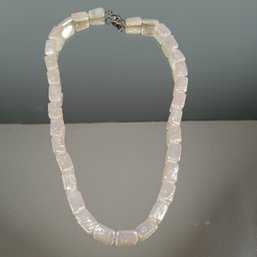 Mother Of Pearl Shell Rectangle Bead Necklace With Sterling Silver Clasp