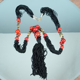 Black And Red Beaded Tassel Necklace