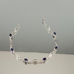 Sterling Silver Sapphire & Clear CZ Oval Link Ladies Bracelet