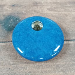 Art Pottery Flower Vase W/ Metal Frog Zen Blue