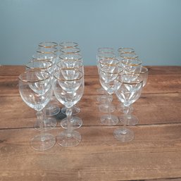 Large Set Of Clear Glass Gold Trim Wine Glasses
