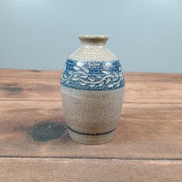 Studio Art Pottery Bud Vase With A Blue And Beige Glaze Floral Design