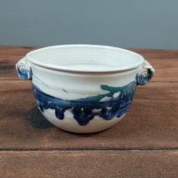 Studio Art Pottery Bowl With A Blue And Green Glaze With Sculpted Handles