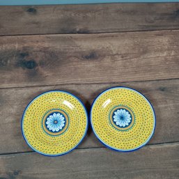 Pair Of 9' Yellow And Blue Floral Deruta Plates