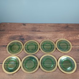 Set Of 8 Green And Gold Trim Plates
