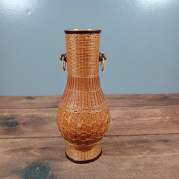 Asian Bud Vase 13 Hand Crafted Wicker Shanghai Round Handle Terracotta Center