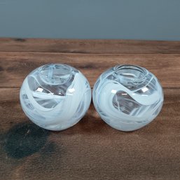 Pair Of Kosta Boda 'Cool Moon' Art Glass Candle Holders With A White Swirl Design