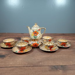 Ditmar Urbach Art Deco Pottery Tea Set With Orange Flower Pattern