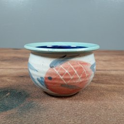 Hand Painted Ceramic Studio Art Planter With Glazed Fish Design