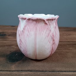 Italian Majolica Pink Porcelain Leaf Glazed Vase.
