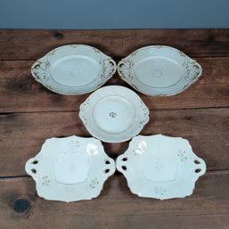 Set Of 5 White And Gold Trim Porcelain Serving Trays