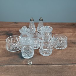 Etched Crystal Sugar And Honey Jars And Salt And Peeper Shakers