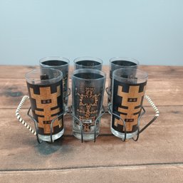 Culver Asian Print Highball Glasses With A Metal Caddy