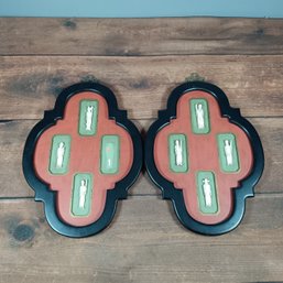 Pair Of Asian Shaped Wall Panels With Figures