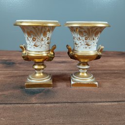Pair Antique French Porcelain Campana Gilt Urns