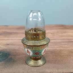 Chinese Enamel Brass Opium Oil Lamp With Glass Shade