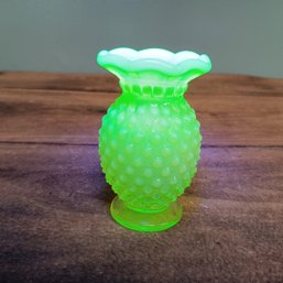 Fenton Opalescent Hobnail Vaseline Glass Vase Ruffled Edge 4in Glows