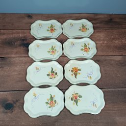 Tole Metal Trays Cream Peach Roses Lilac Ribbons Set Of 8 Hand Painted Vintag