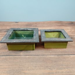 PAIR OF VINTAGE SQUARE CERAMIC PLANTERS With Wrought Iton Lip