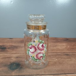 Glass Apothecary Jar With Lid, Hand Painted Floral Design