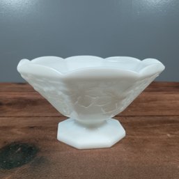 Anchor Hocking Milk Glass Pedestal Fruit Bowl With A Paneled Grape And Leaves Design