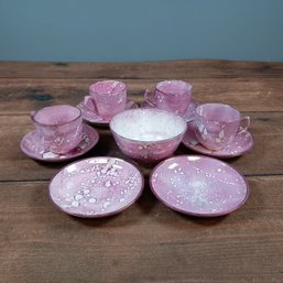Staffordshire Splash Pink Luster Cups, Saucers, And Bowl
