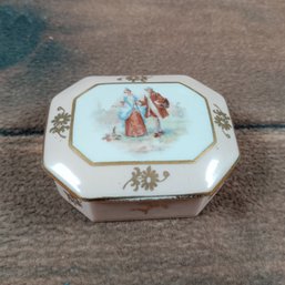 Limoges France Courting Couple Pink Porcelain Trinket Box W/lid