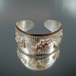 Montana Silversmiths Western-style Silver Tone Cuff Bracelet With Gold-tone Bucking Horses