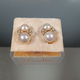 Vintage Christian Dior Gold-plated Clip-on Earrings With Faux Pearls And Clear Crystals