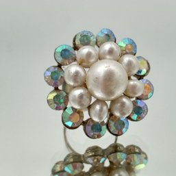 Faux Pearl And Aurora Borealis Crystal Cluster Ring